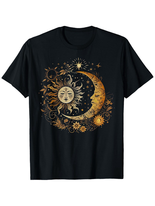 Men's Graphic T-Shirt Celestial Night Sky With Glowing Crescent Moon And Smiling Sun Surrounded By Stars