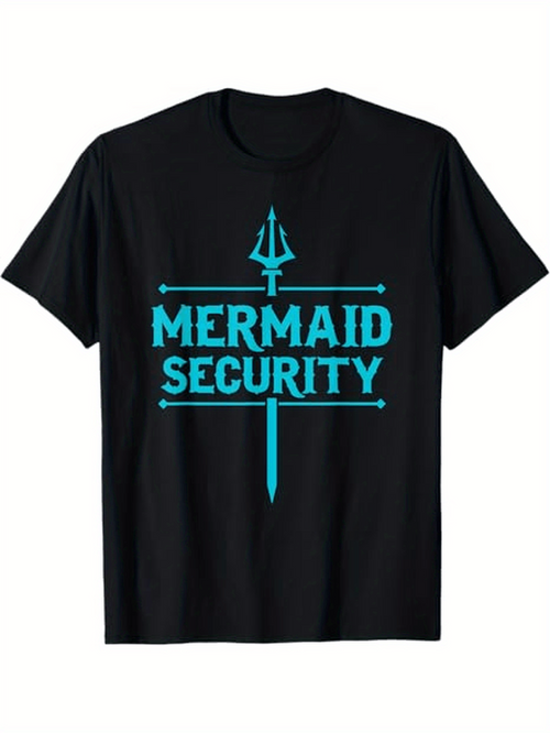 Men's Graphic T-Shirt Mermaid Security Blue Letters And Trident With Ocean Theme