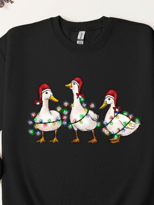 Men's Graphic T-Shirt Three White Ducks Wearing Christmas Hats With Colorful Light Bulbs Surrounding Festive Duck