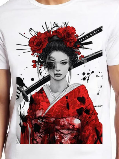 Men's Graphic T-Shirt Red Roses With Drama And Samurai Sword Geisha Woman