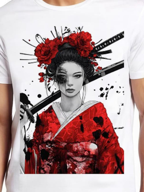Men's Graphic T-Shirt Red Roses With Drama And Samurai Sword Geisha Woman