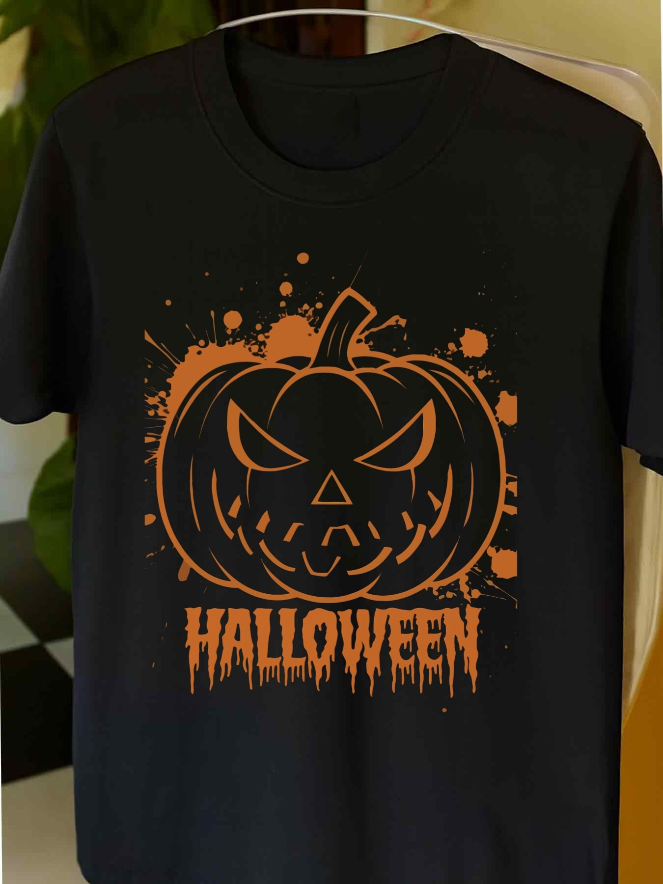 Men's Graphic T-Shirt Halloween Spooky Grinning Jack O Lantern With Paint Splatter Pumpkin