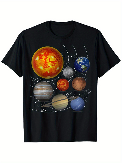 Men's Graphic T-Shirt Solar System Illustration With Colorful Planets And Orbit Path Sun