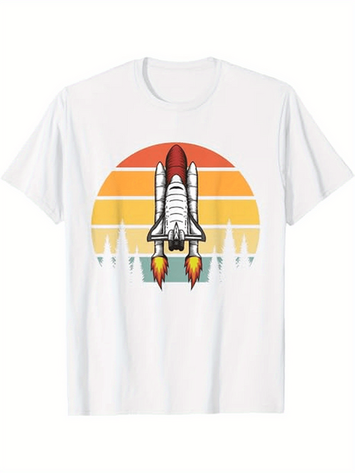 Men's Graphic T-Shirt Retro Sunset With Geometric Shapes Featuring Blasting Space Shuttle