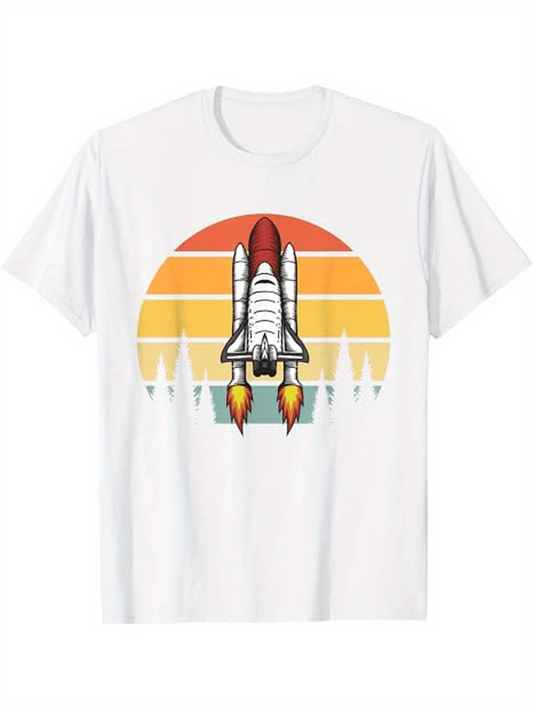 Men's Graphic T-Shirt Retro Sunset With Geometric Shapes Featuring Blasting Space Shuttle