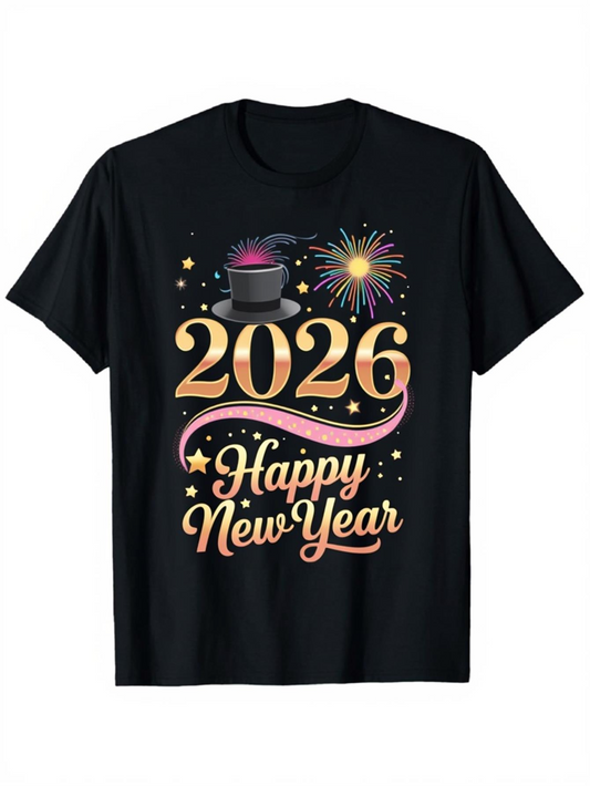 Men's Graphic T-Shirt Happy New Year Festive Fireworks Stars Hat 2026