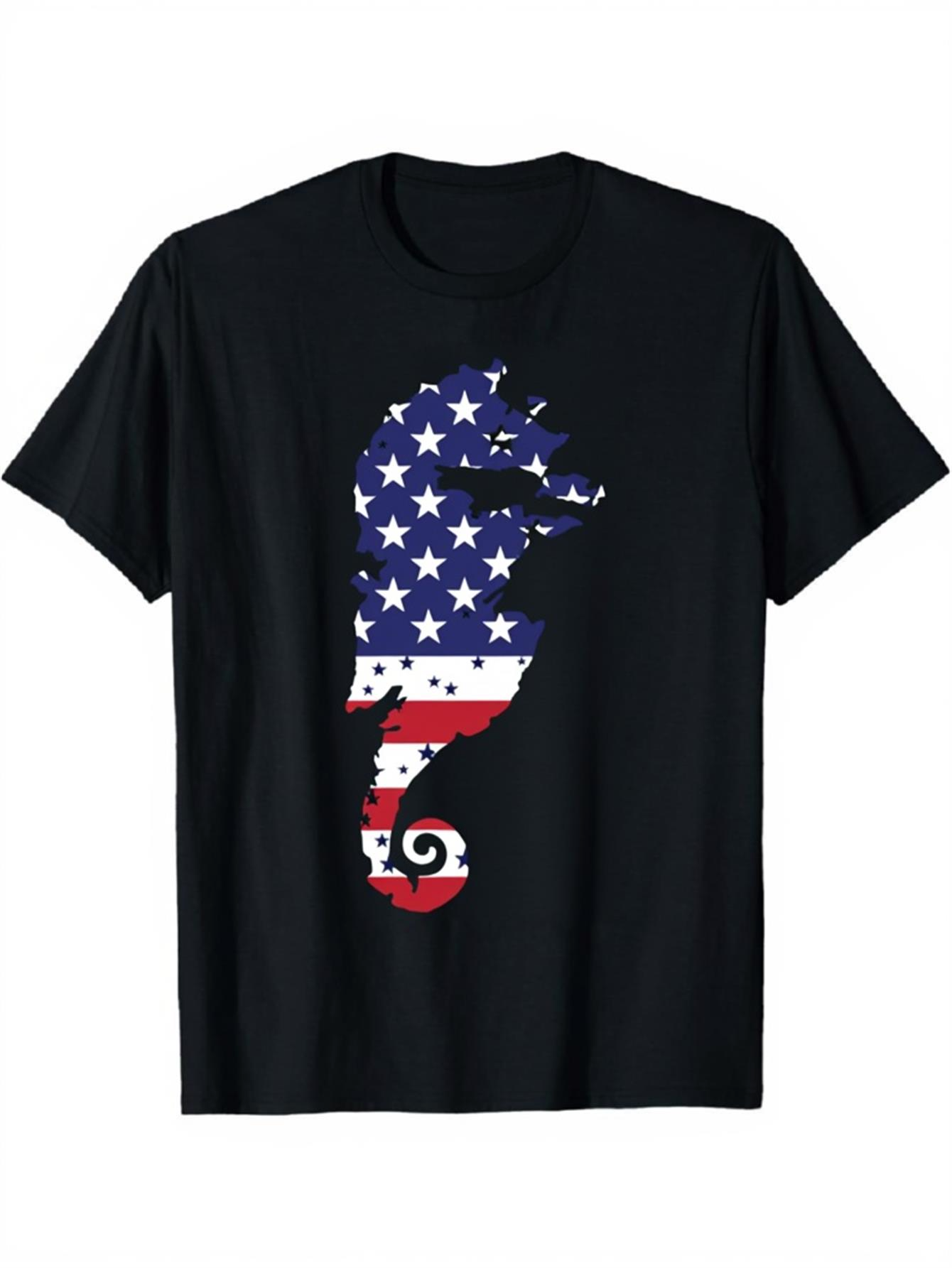 Men's Graphic T-Shirt Patriotic American Flag Seahorse Silhouette With Stars And Stripes Iconic Seahorse