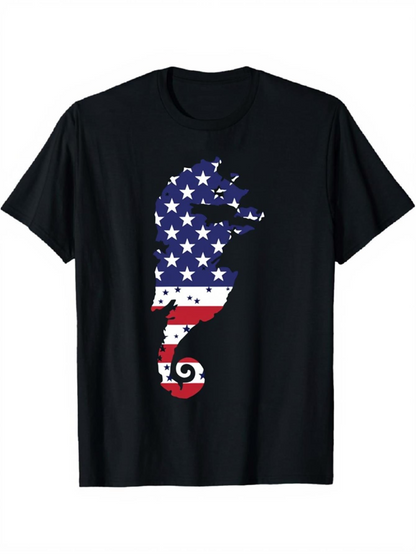 Men's Graphic T-Shirt Patriotic American Flag Seahorse Silhouette With Stars And Stripes Iconic Seahorse