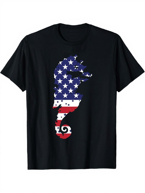 Men's Graphic T-Shirt Patriotic American Flag Seahorse Silhouette With Stars And Stripes Iconic Seahorse