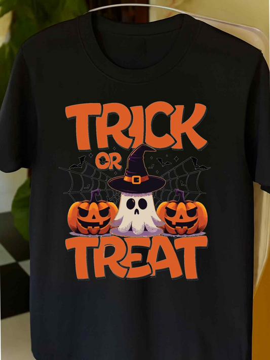 Men's Graphic T-Shirt Trick Or Treat Halloween Pumpkins With Spider Web And Ghost