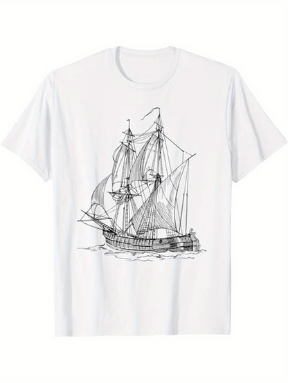 Men's Graphic T-Shirt Vintage Sailing Ship With Billowing Sails On Open Sea Water