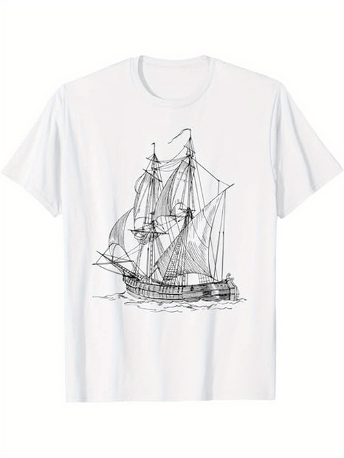 Men's Graphic T-Shirt Vintage Sailing Ship With Billowing Sails On Open Sea Water
