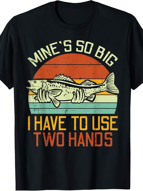 Men's Graphic T-Shirt Mines So Big I Have To Use Two Hands Retro Sunset With Large Fish Held By Hands