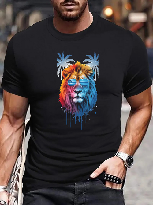 Men's Graphic T-Shirt Colorful Artistic Paint Drip With Palm Trees Roaring Lion