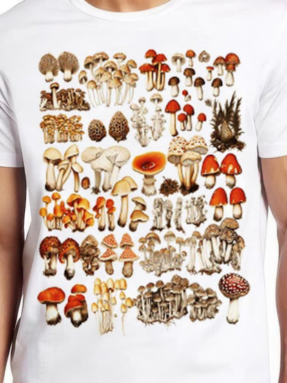 Men's Graphic T-Shirt Various Colorful Fungus Botanical Illustration With Detailed Wild Forest Mushrooms