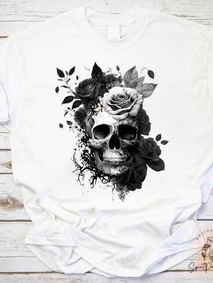 Men's Graphic T-Shirt Floral Shadows With Detailed Roses Surrounding A Human Skull