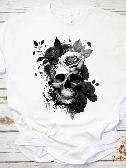 Men's Graphic T-Shirt Floral Shadows With Detailed Roses Surrounding A Human Skull