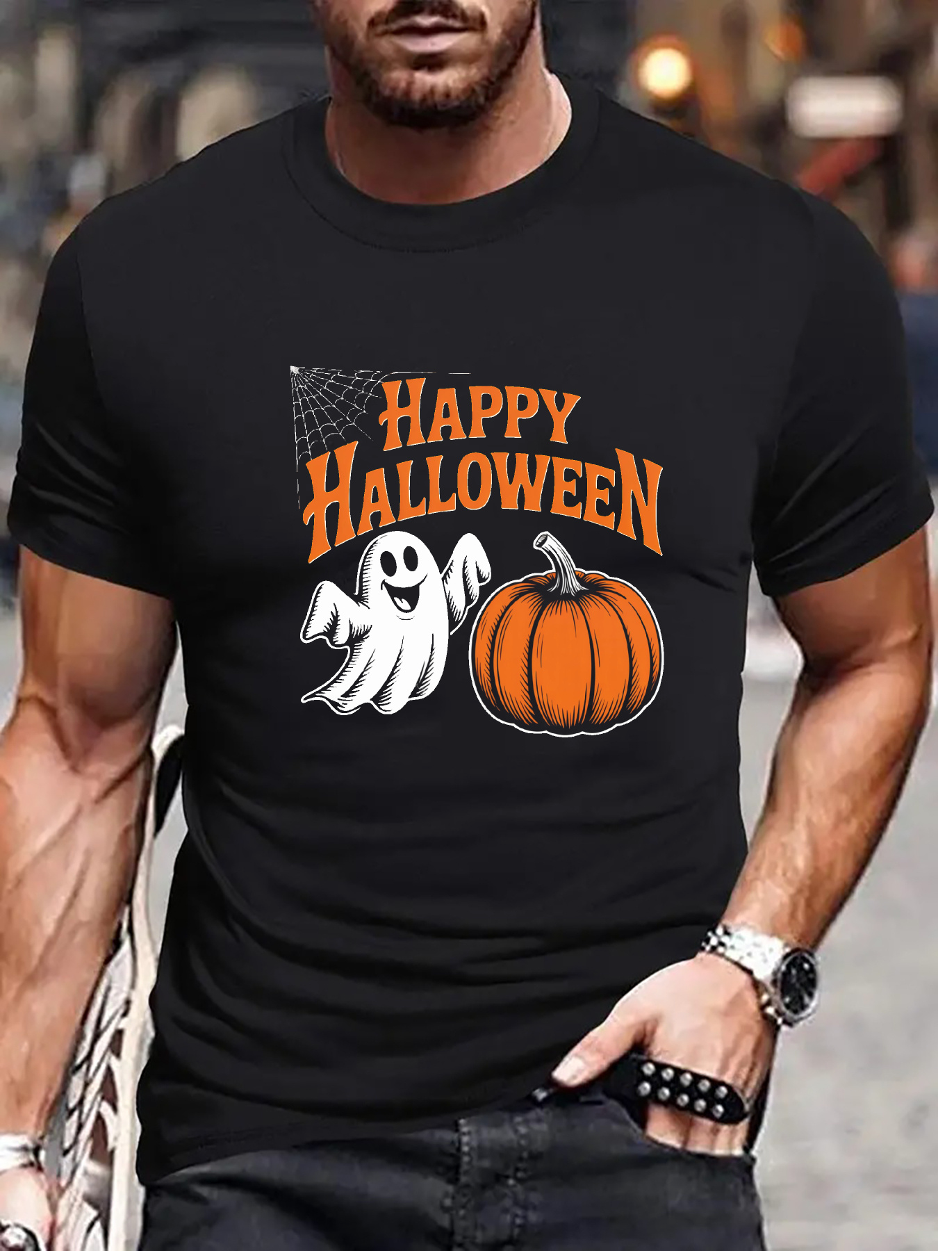 Men's Graphic T-Shirt Happy Halloween Cartoon Ghost And Pumpkin Surrounded By Spooky Night Sky
