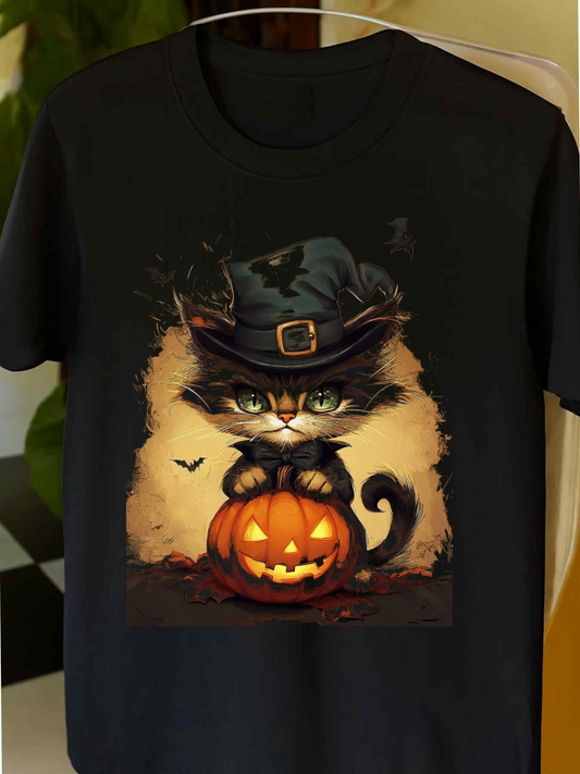 Men's Graphic T-Shirt Cozy Halloween Night With Playful Black Hat Adorable Cat And Carved Pumpkin