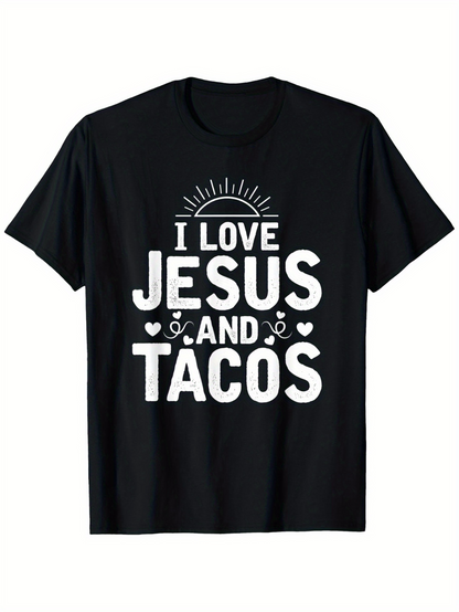 Men's Graphic T-Shirt I Love Jesus And Tacos With Cute Heart Motifs Bold White Letters Taco