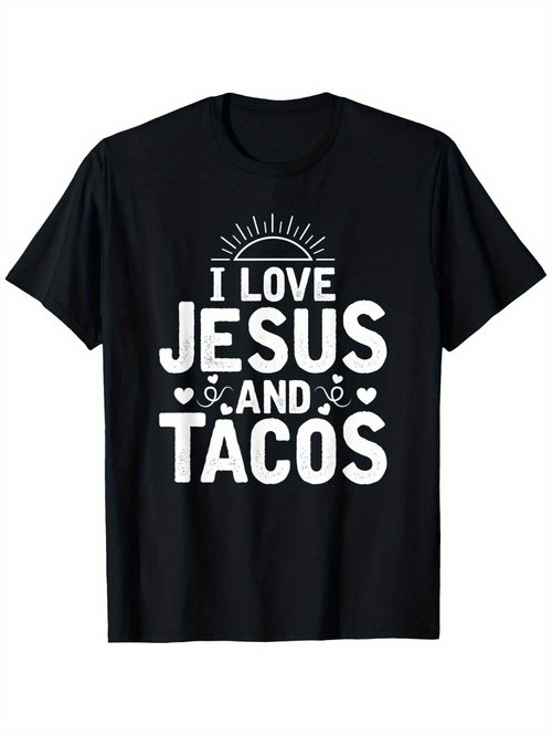 Men's Graphic T-Shirt I Love Jesus And Tacos With Cute Heart Motifs Bold White Letters Taco