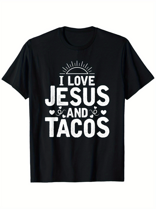 Men's Graphic T-Shirt I Love Jesus And Tacos With Cute Heart Motifs Bold White Letters Taco
