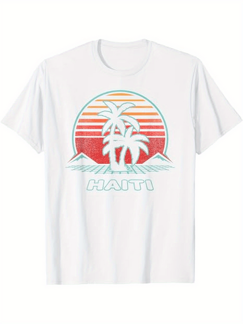 Men's Graphic T-Shirt Haiti Vintage Sunset With Palm Trees On Seaside Landscape
