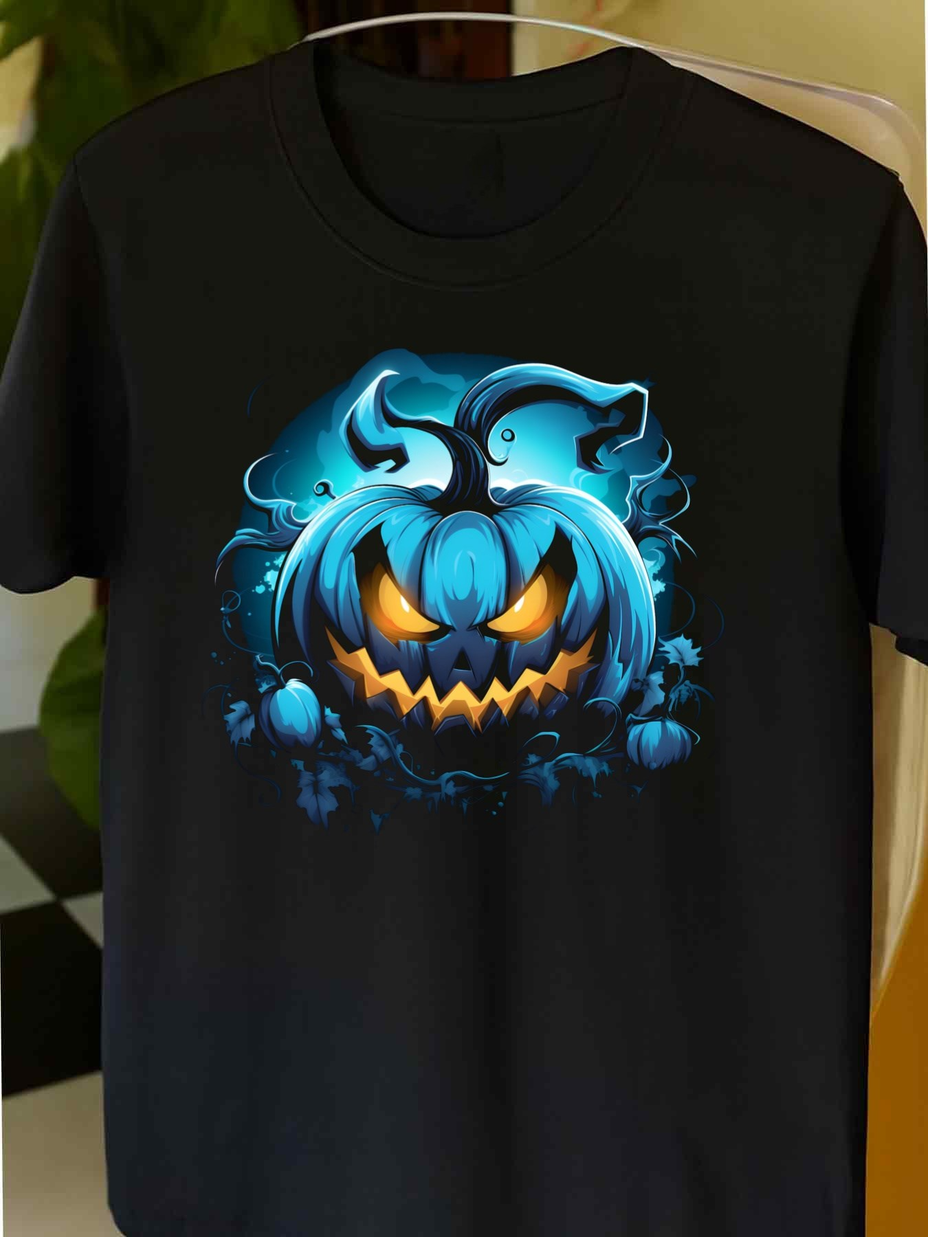 Men's Graphic T-Shirt Glowing Blue Night Fog With Carved Halloween Pumpkin