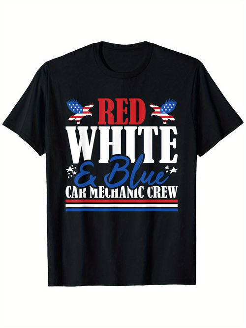 Men's Graphic T-Shirt Red White And Blue Car Mechanic Crew Patriotic Stars With Waving Flags T Shirt