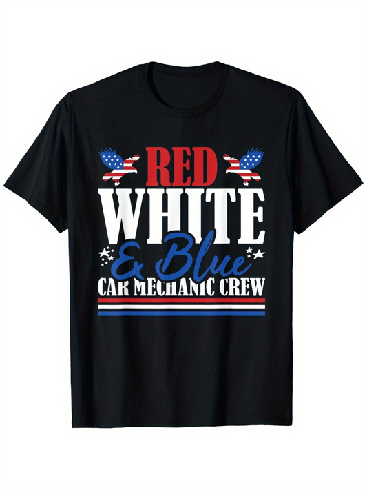 Men's Graphic T-Shirt Red White And Blue Car Mechanic Crew Patriotic Stars With Waving Flags T Shirt