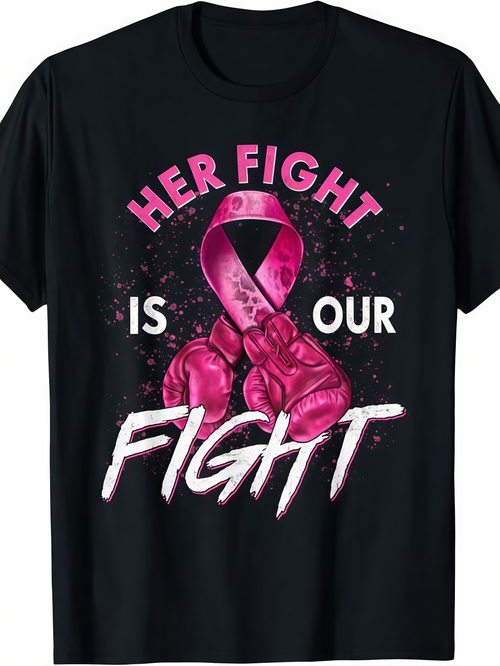 Men's Graphic T-Shirt Her Fight Is Our Fight Pink Ribbon With Boxing Gloves Symbolizing Support