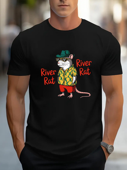Men's Graphic T-Shirt River Rat Wearing Sunglasses And Colorful Shirt Holding Fishing Rod Rat