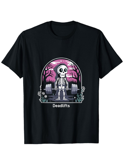 Men's Graphic T-Shirt Deadlifts Cartoon Skeleton Lifting Weights At Night Under A Pink Sky