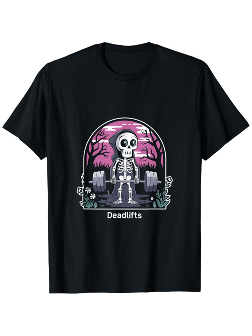 Men's Graphic T-Shirt Deadlifts Cartoon Skeleton Lifting Weights At Night Under A Pink Sky