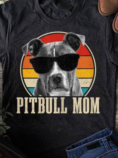 Men's Graphic T-Shirt Pitbull Mom With Sunglasses Graphic And Vintage Sunset Pitbull