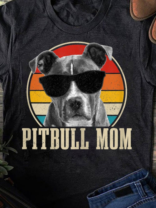 Men's Graphic T-Shirt Pitbull Mom With Sunglasses Graphic And Vintage Sunset Pitbull