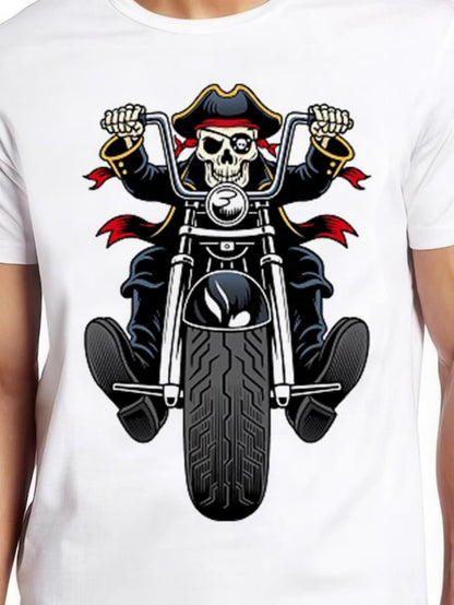 Men's Graphic T-Shirt Riding Under The Crimson Ribbon Pirate Skeleton On Classic Motorcycle