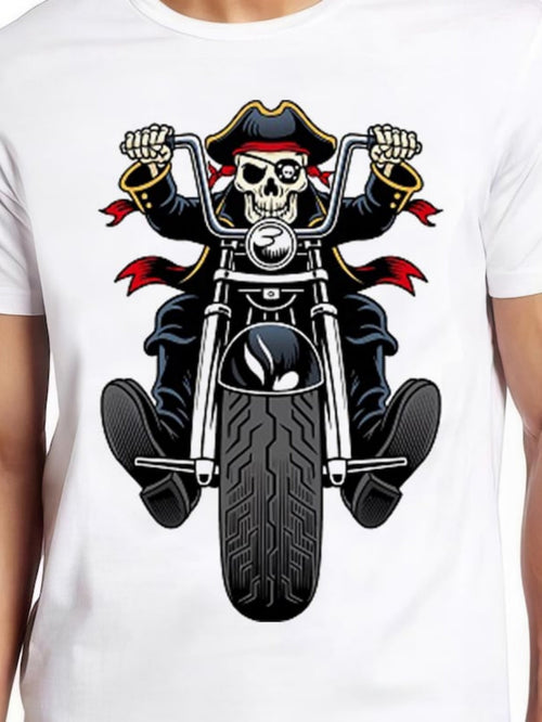 Men's Graphic T-Shirt Riding Under The Crimson Ribbon Pirate Skeleton On Classic Motorcycle