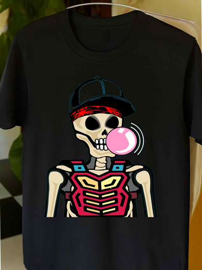 Men's Graphic T-Shirt Modern Cartoon Skeleton Blowing Pink Bubble Wearing Cap