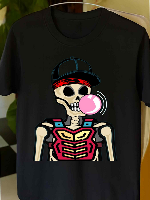 Men's Graphic T-Shirt Modern Cartoon Skeleton Blowing Pink Bubble Wearing Cap
