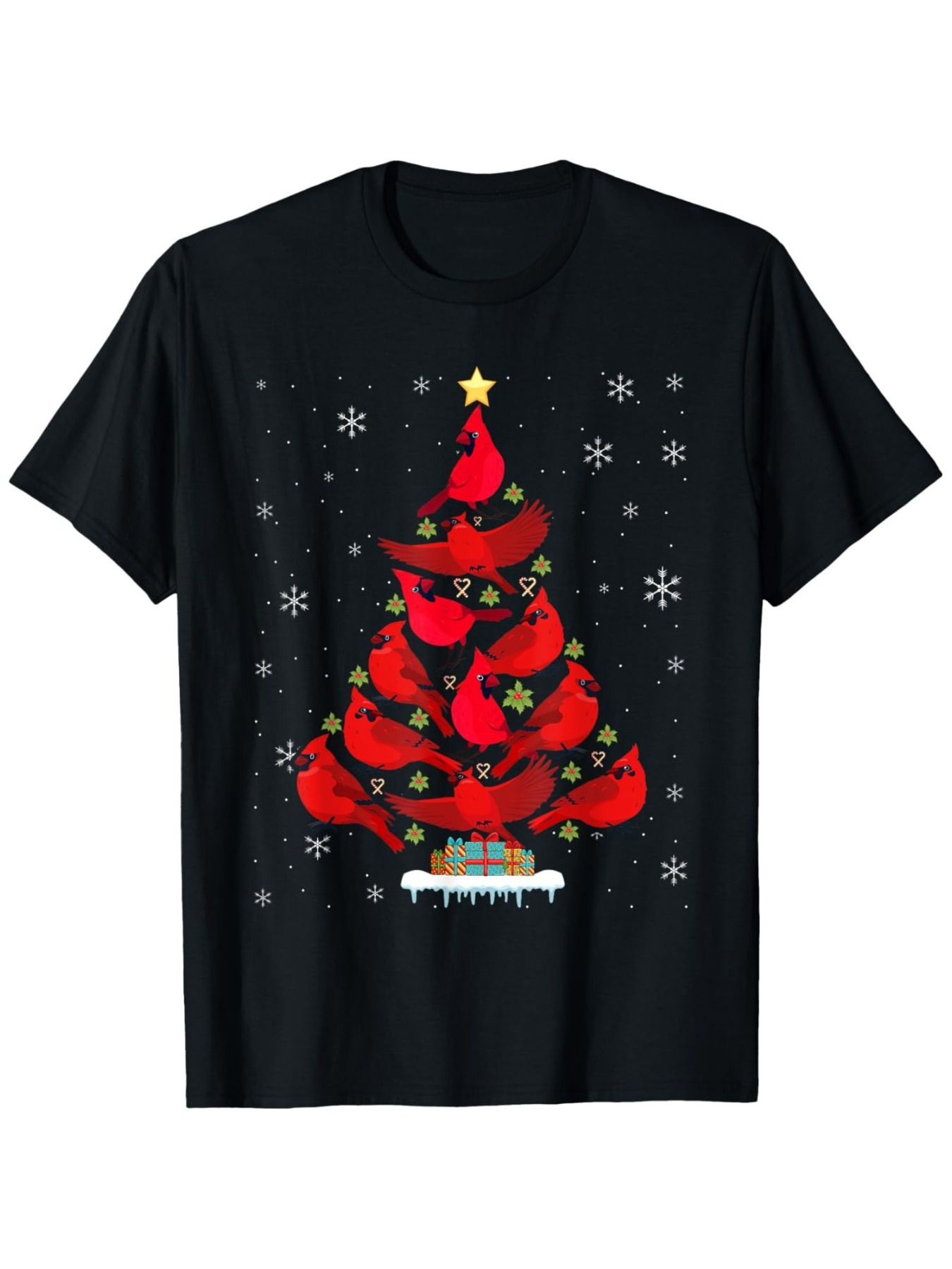 Men's Graphic T-Shirt Winter Red Cardinals With Christmas Tree Snowflakes And Twinkling Stars