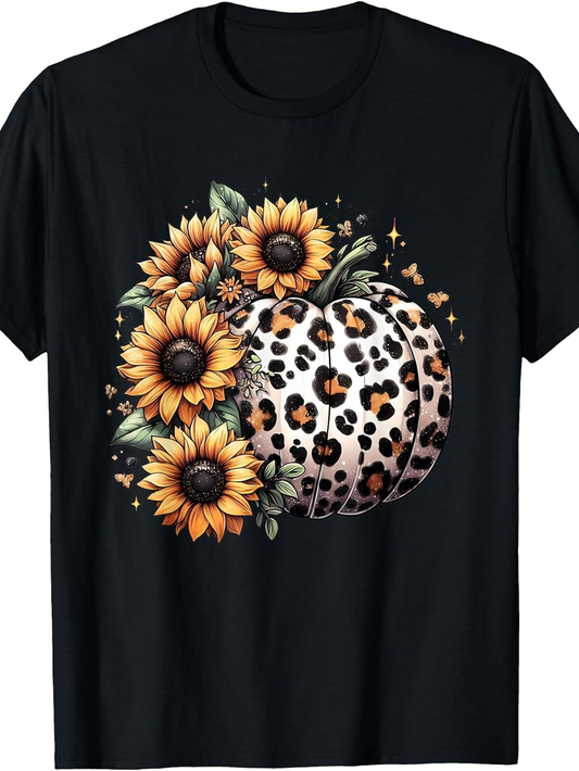 Men's Graphic T-Shirt Vivid Leopard Pumpkin And Sunflowers With Gentle Greenery T Shirt