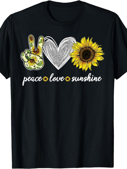 Men's Graphic T-Shirt Peace Love Sunshine With Sunflower And Artistic Heart Design