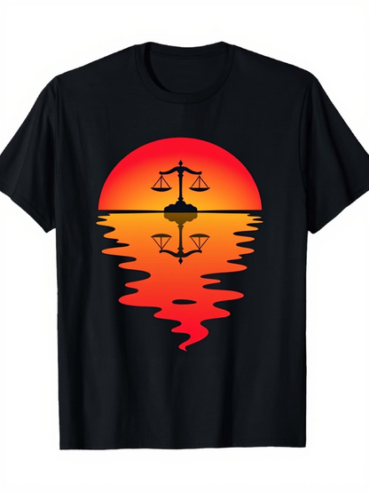 Men's Graphic T-Shirt Golden Sunset Reflection With Scales Of Justice Over Water