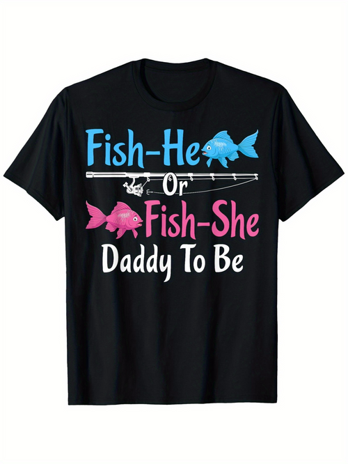 Men's Graphic T-Shirt Fish He Or Fish She Daddy To Be With Blue And Pink Cartoon Fish