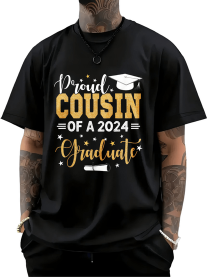 Men's Graphic T-Shirt Proud Cousin Of A 2024 Graduate With Gold Lettering And Graduation Cap Graphic