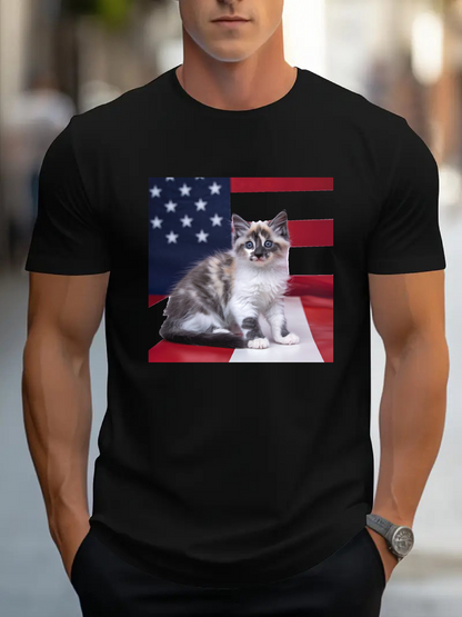 Men's Graphic T-Shirt Fluffy Cat Lounging On Bold Striped American Flag Background