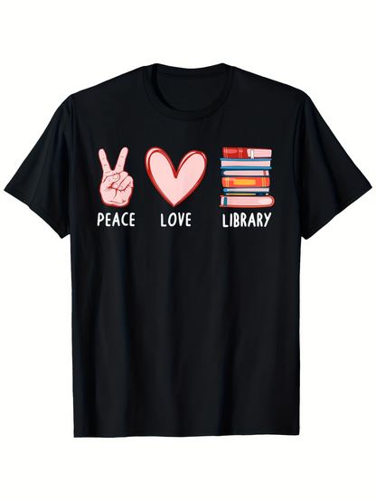 Men's Graphic T-Shirt Peace Love And Stacked Colorful Books Library