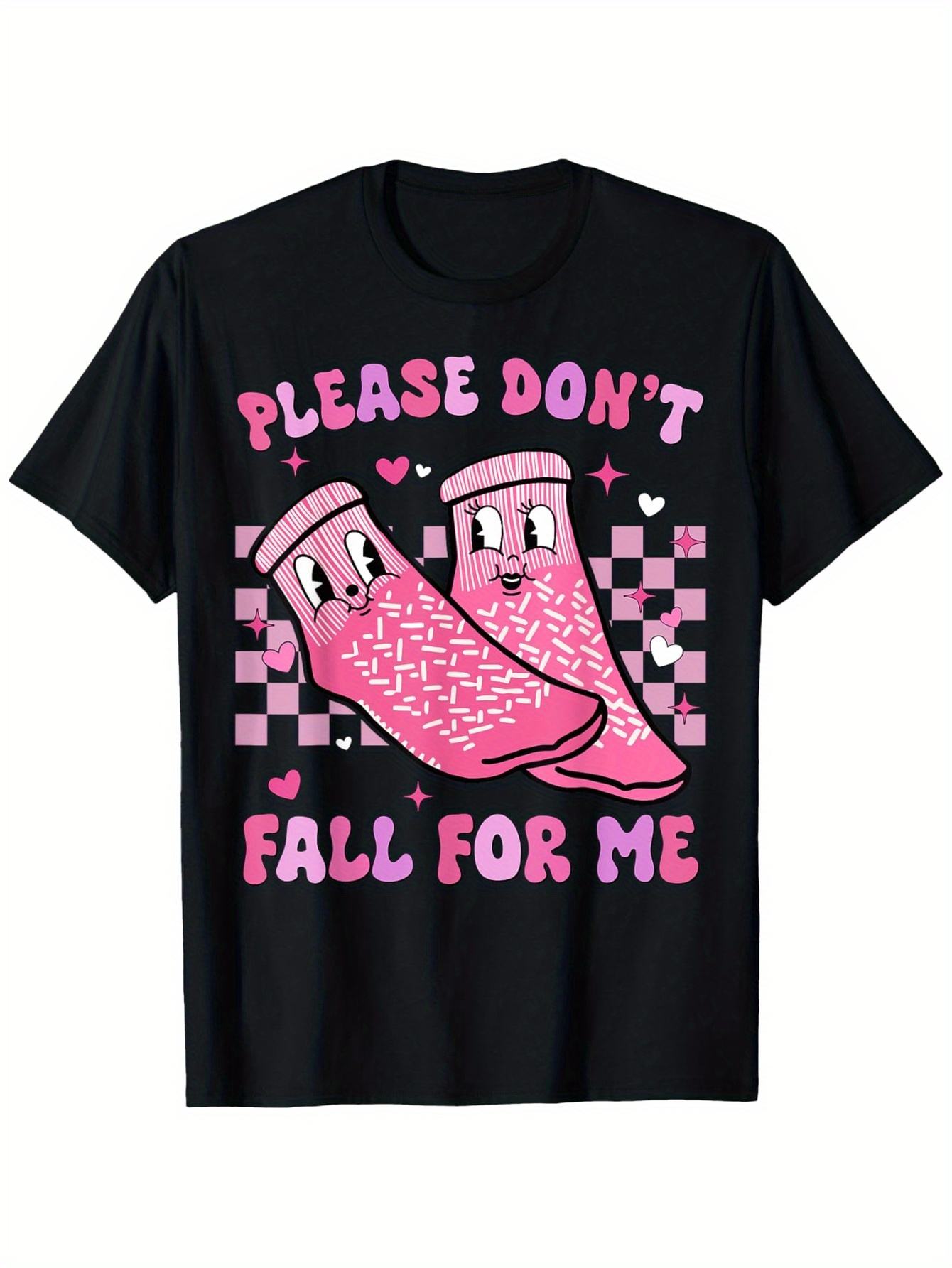 Men's Graphic T-Shirt Please Dont Fall For Me Pink Cartoon Socks With Checkered Background Heart Shapes