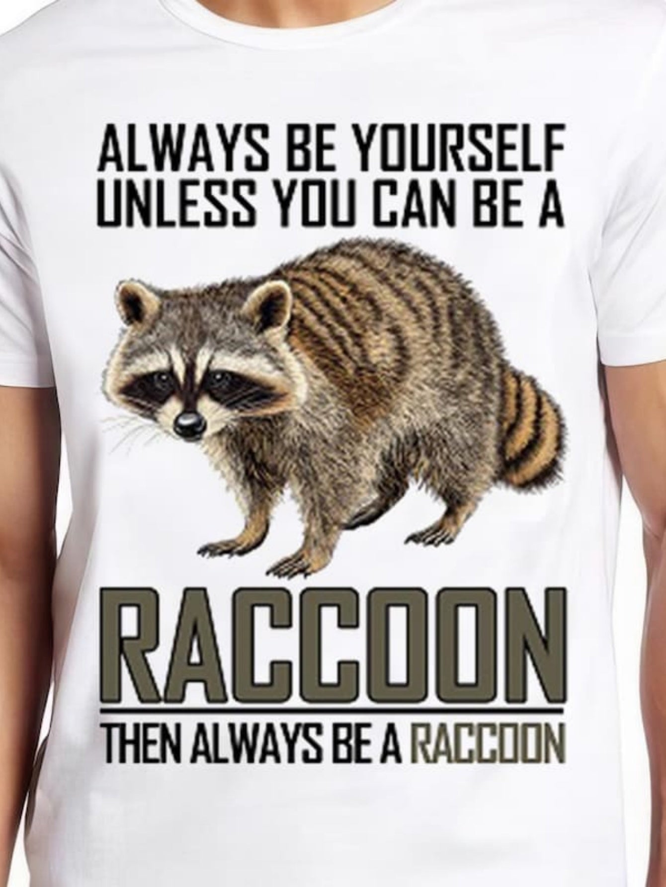 Men's Graphic T-Shirt Always Be Yourself Unless You Can Be A Raccoon Then Always Be A Raccoon With Realistic Fur Stripes On White Shirt Raccoon